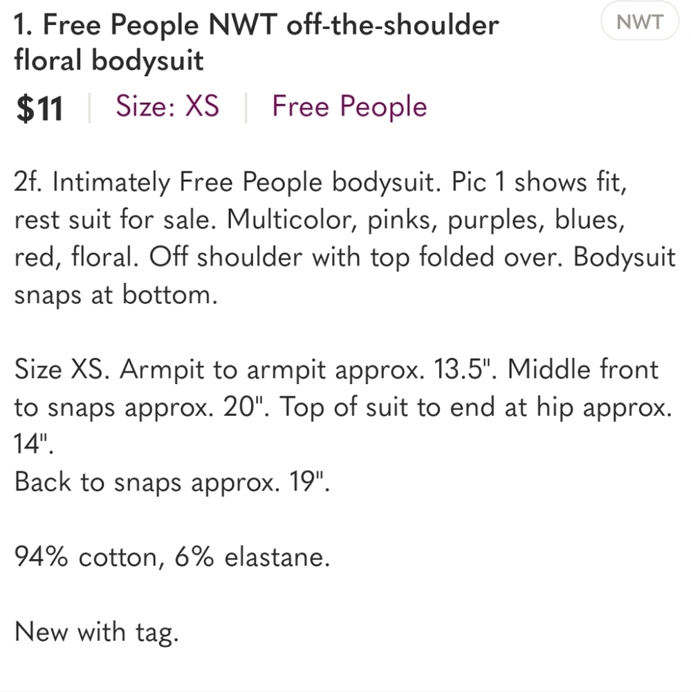 10. Free People NWT off-the-shoulder floral bodysuit - Picture 6 of 15